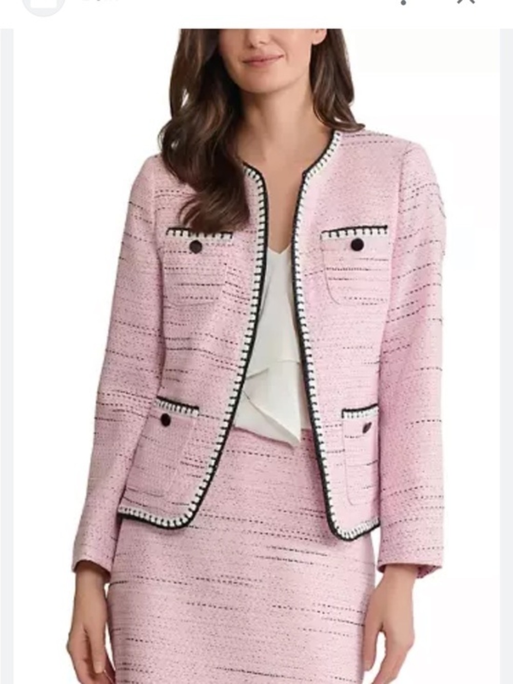Kasper Pink Tweed Collarless Blazer with Contrast Trim